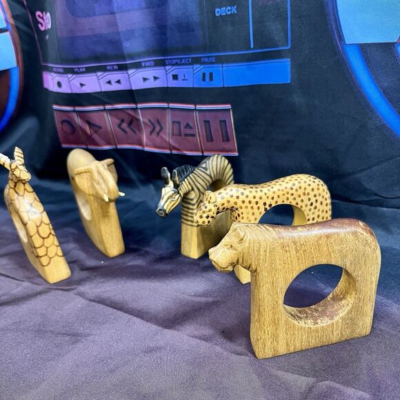 Vintage Hand Carved Wood African Safari Napkin Ring Holders 5pc - Picture 3 of 9